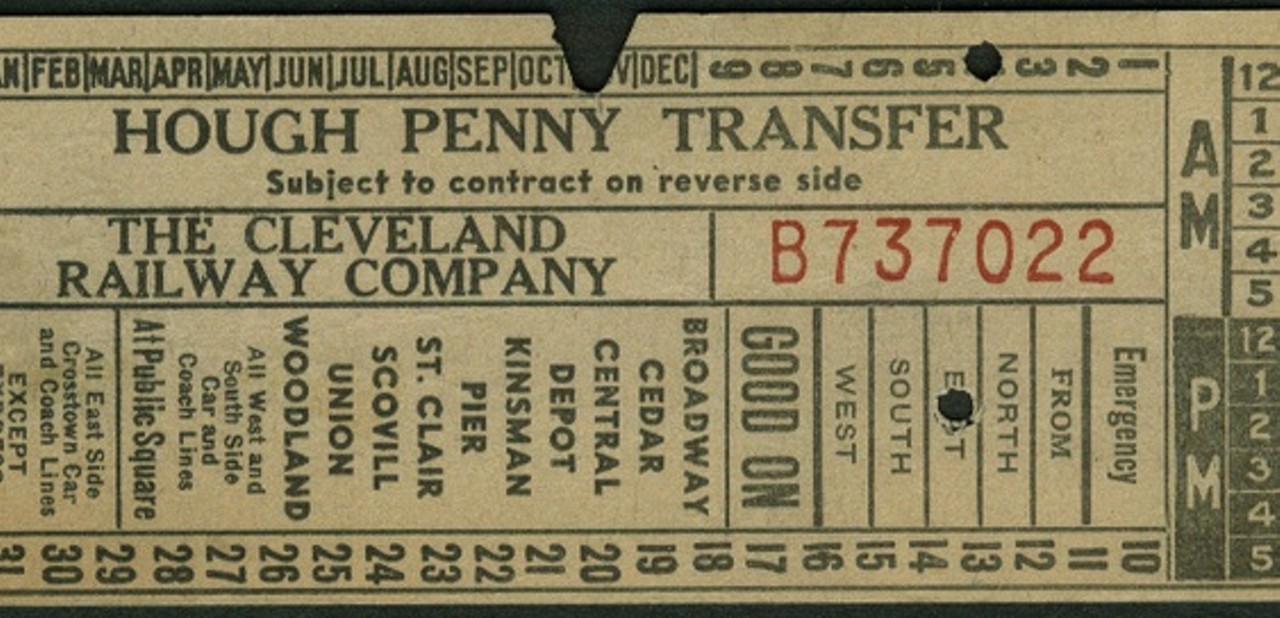 (Ebay link) An undated "Hough Penny Transfer" ticket from The Cleveland Railway Company. Per the Encyclopedia of Cleveland History, the company "held the city's public transit franchise from 1910-42. During that time its streetcar lines carried hundreds of millions of passengers on a fleet that numbered as many as 1,702 streetcars and buses."