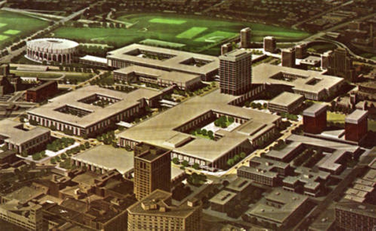 Aerial view of Cleveland State University, circa 1980