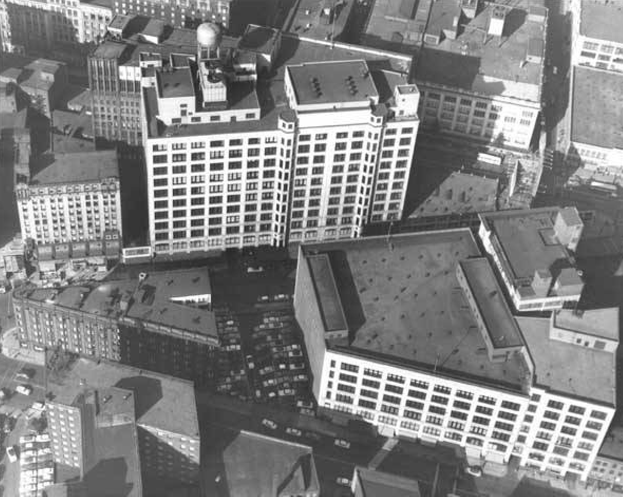 Aerial view of Halle's and downtown Cleveland, 1953.