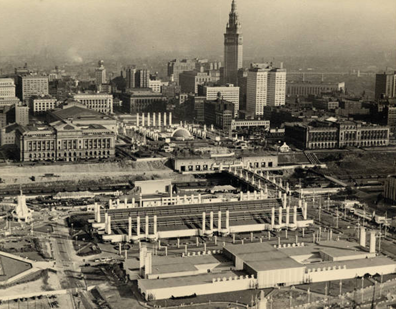 Aerial view of the Great Lakes Exposition and of downtown Cleveland, 1936-1937.