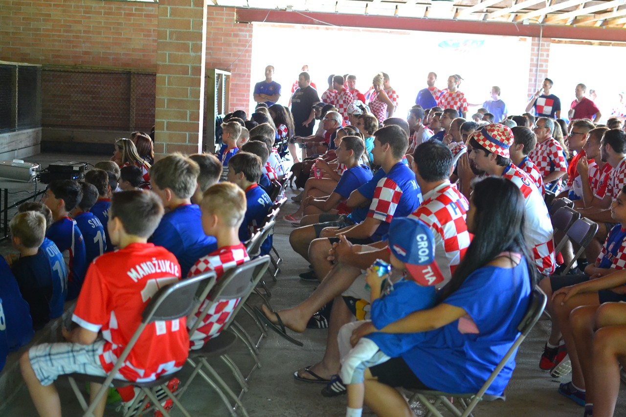 Croatia fans gathered at the American-Croatian Lodge in Willoughby for their third game of the World Cup. If they beat Mexico, they'd move on to the next round. If they lost or tied, they're out. Here, young jersey-clad kids filled up the ledge in front of all the folding chairs.