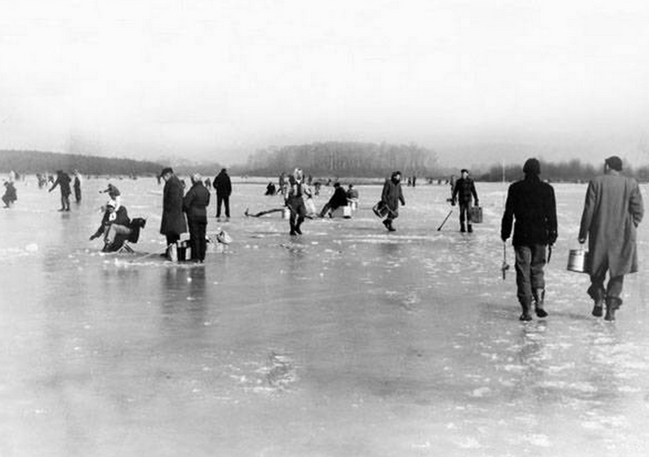 Ice fishing at Mogadore Reservoir, 1956.