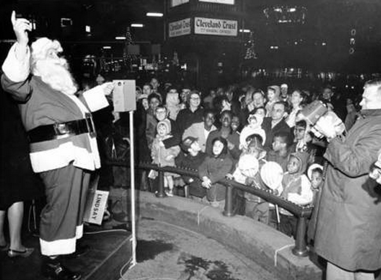 Santa Claus entertains a crowd in Public Square, 1956.