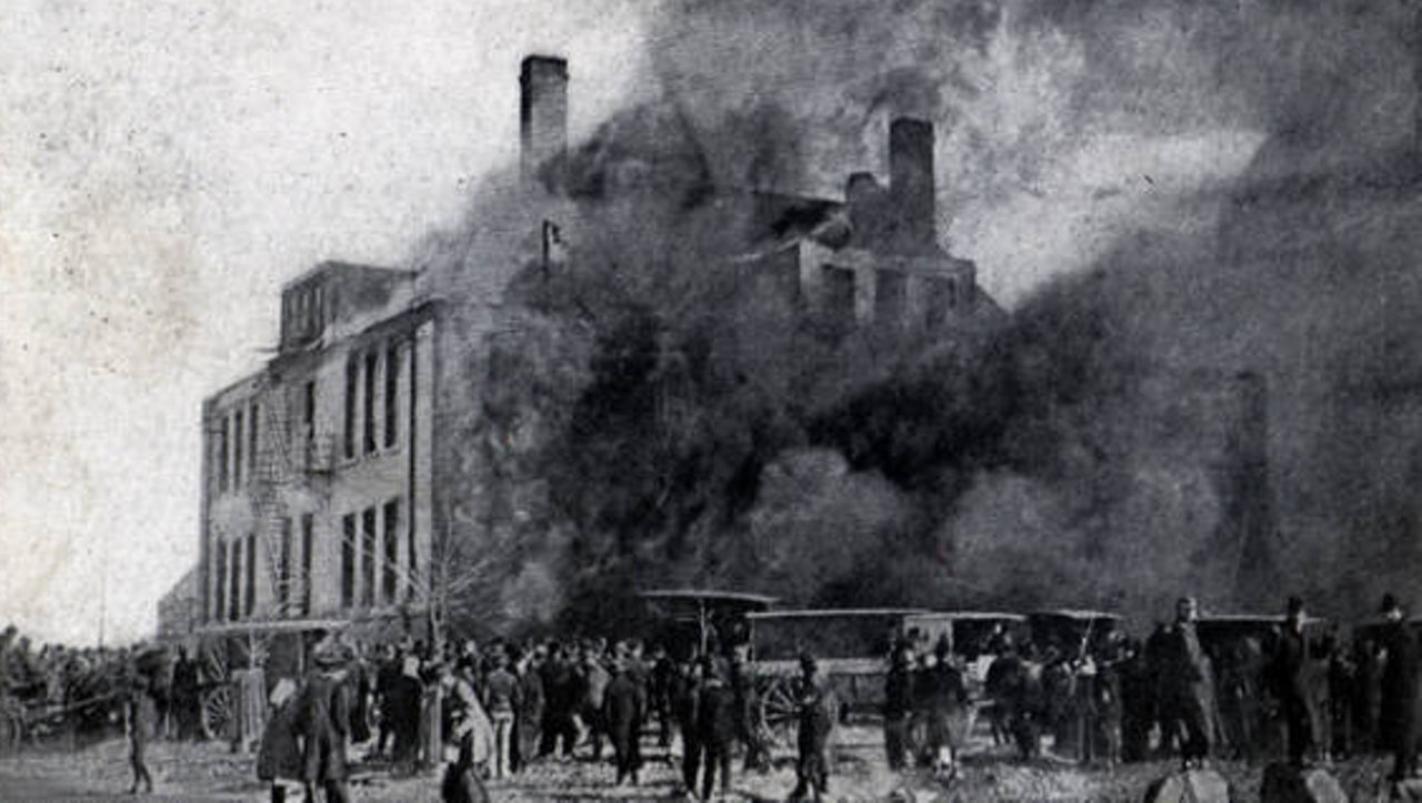 Scene of the Collinwood School Fire on March 4, 1908 where 172 children and two teachers died. The fire started when a steam pipe overheated a wooden joist, prompting it to catch fire. This disaster remains one of the worst of its kind throughout the U.S.