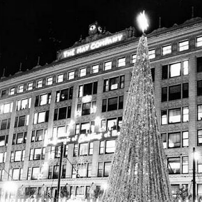 The Christmas tree stands tall in Public Square, 1966.