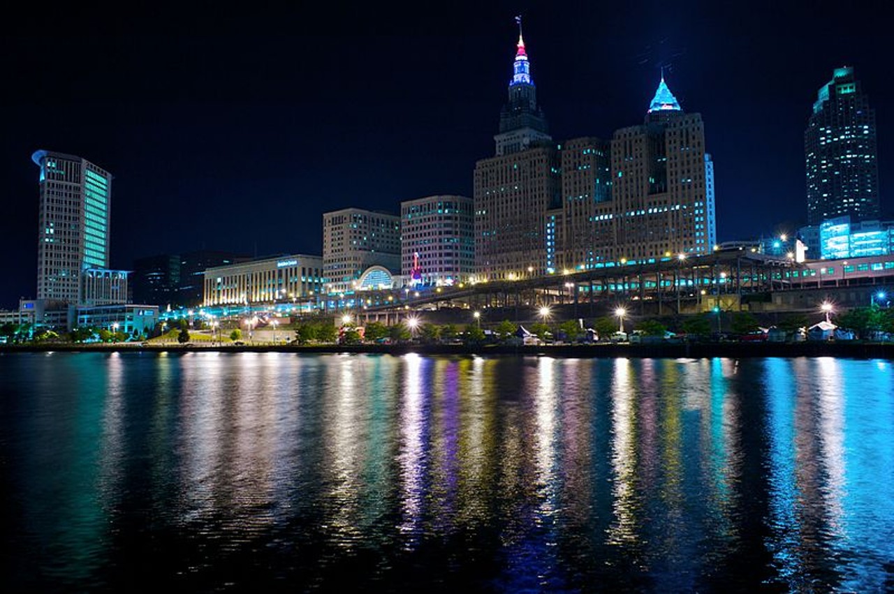 The lights of downtown Cleveland reflected in the Cuyahoga River, 2009.