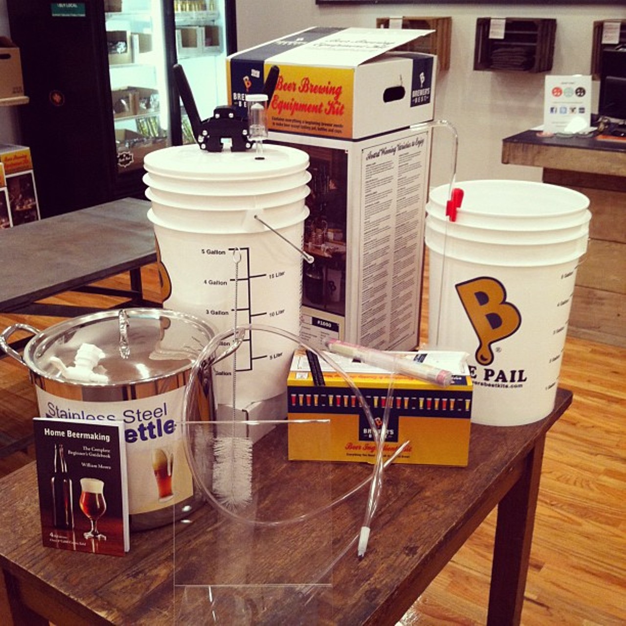 The shop sells starter kits that have all the equipment and ingredients you'll need to brew a batch.