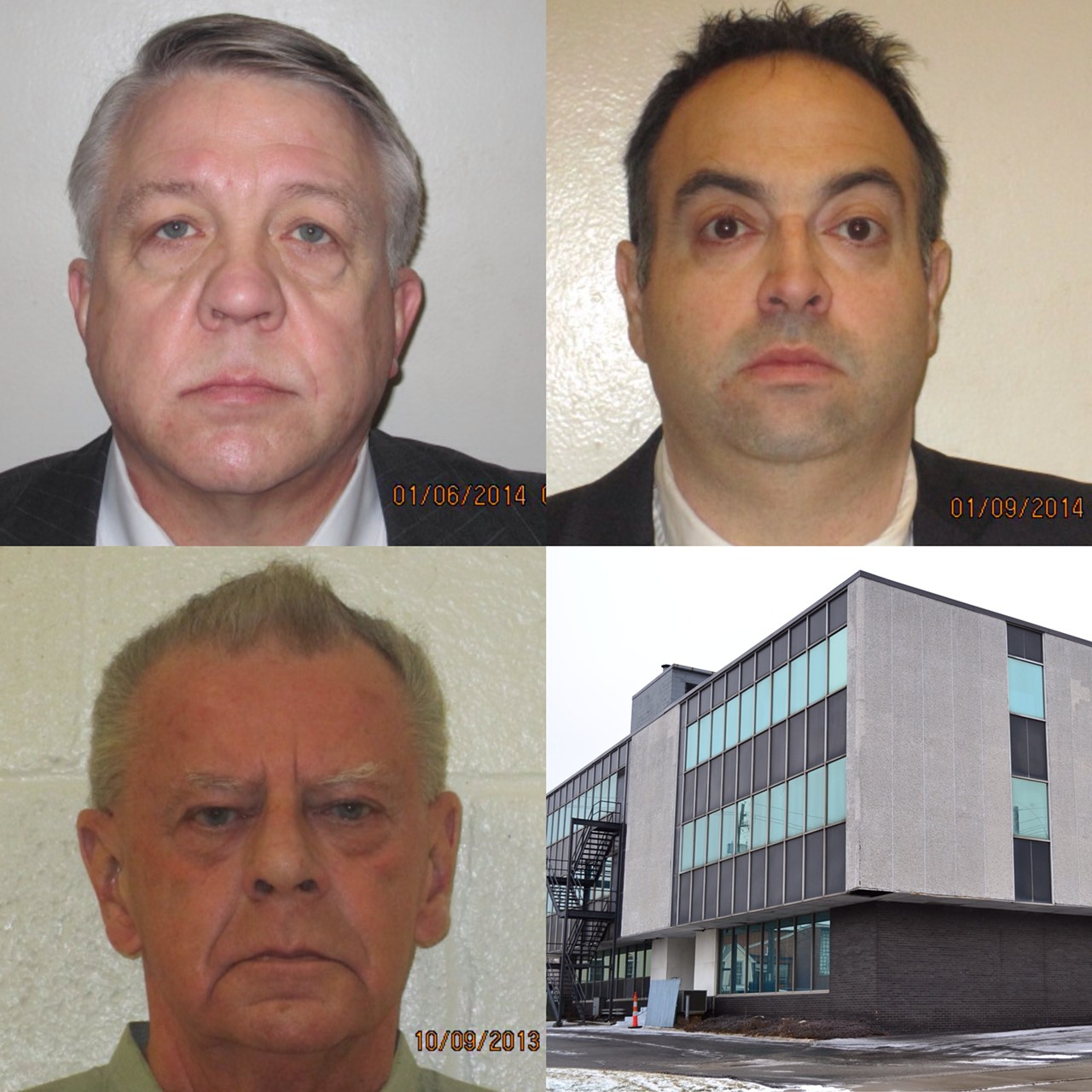 Top left: Bedford Municipal Court Judge Harry  J Jacob III. Top right: Bedford law director Ken Schuman. Bottom left: Jim Walsh, who ran the brothel from the third floor of his office building. Bottom right: 466 Northfield Rd in Bedford, where "Studio 54" was based.