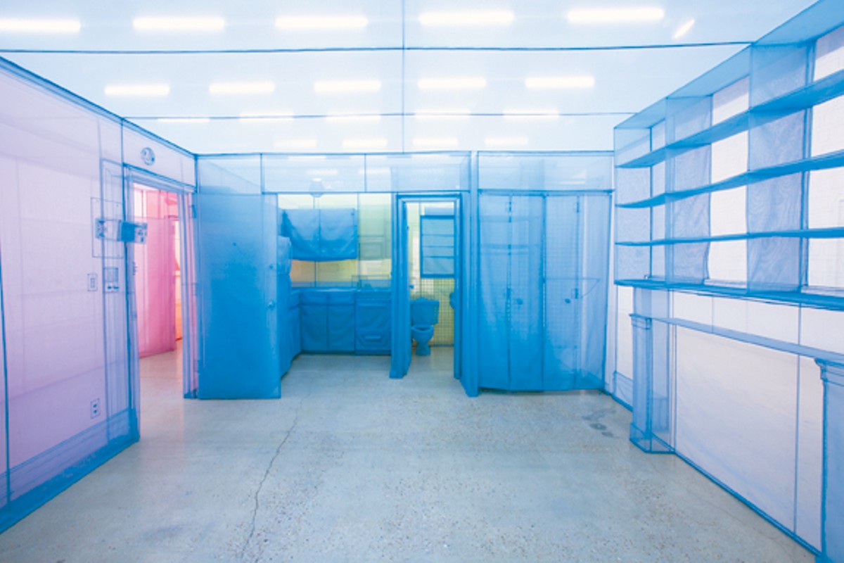 Do Ho Suh, Apartment A, Unit 2, Corridor and Staircase, 348 West 22nd Street, New York, NY 10011, USA 2011–2014, polyester fabric and stainless steel tubes, polyester fabric and stainless steel tubes, 422 7/16 x 228 1/3 x 96 1/16 inches. Installation view, The Contemporary Austin, 2014. Courtesy of the artist and Lehmann Maupin, New York and Hong Kong. Photo: Brian Fitzsimmons.