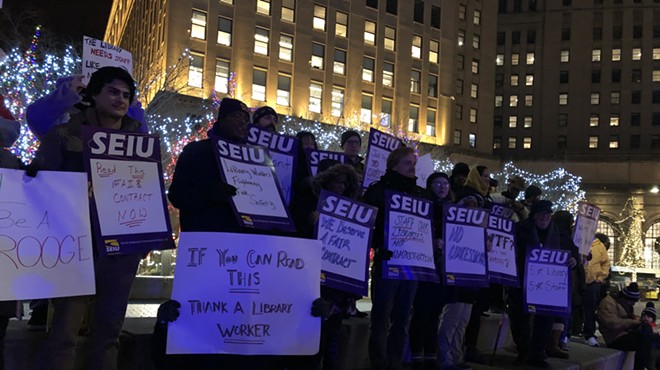 SEIU and community members rally for library workers on Public Square, (12/13/19).