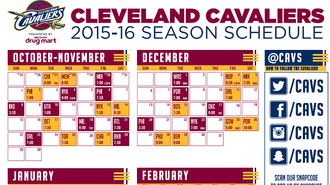 Here's the 2015 - 2016 Cleveland Cavaliers Schedule
