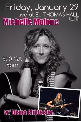 Image: American singer-songwriter, guitarist, and producer Michelle Malone performs in Akron w/ Cleveland based "acoustic acrobat" Diana Chittester to open