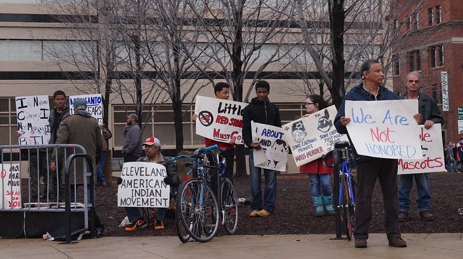 Protesters at Progressive Field, Opening Day, 2014