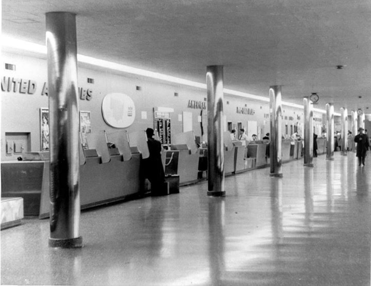 United Airlines ticket lobby, 1957.