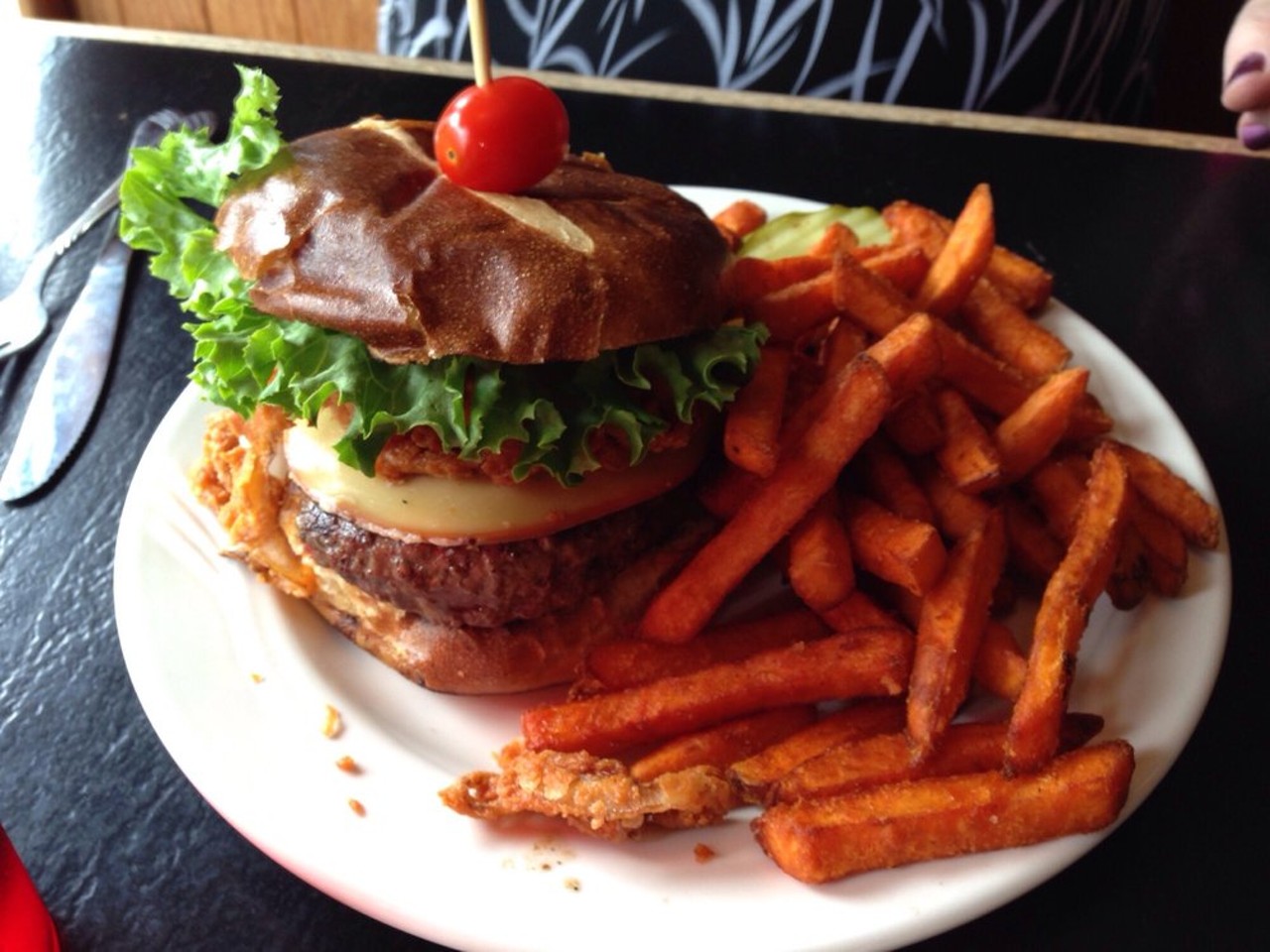 Oh-My-Gouda Burger w/Sweet Potato Fries - Rush Inn | 17800 Detroit Ave