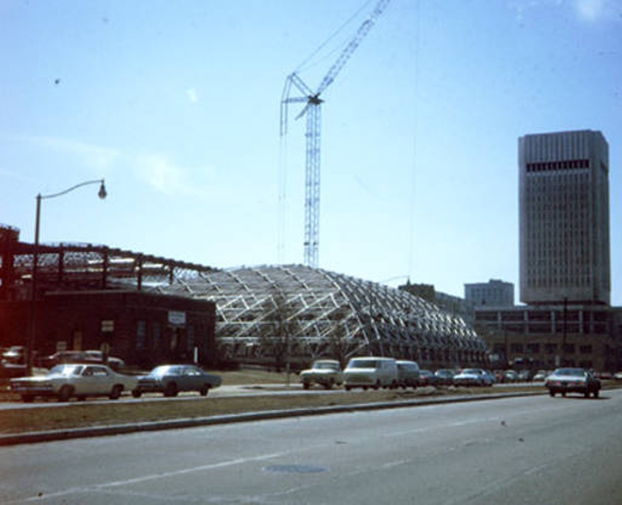 Cleveland State University, exterior construction of Gymnasium. Located at East 24th Street and Chester Avenue, Cleveland, Ohio, 44115. 1971