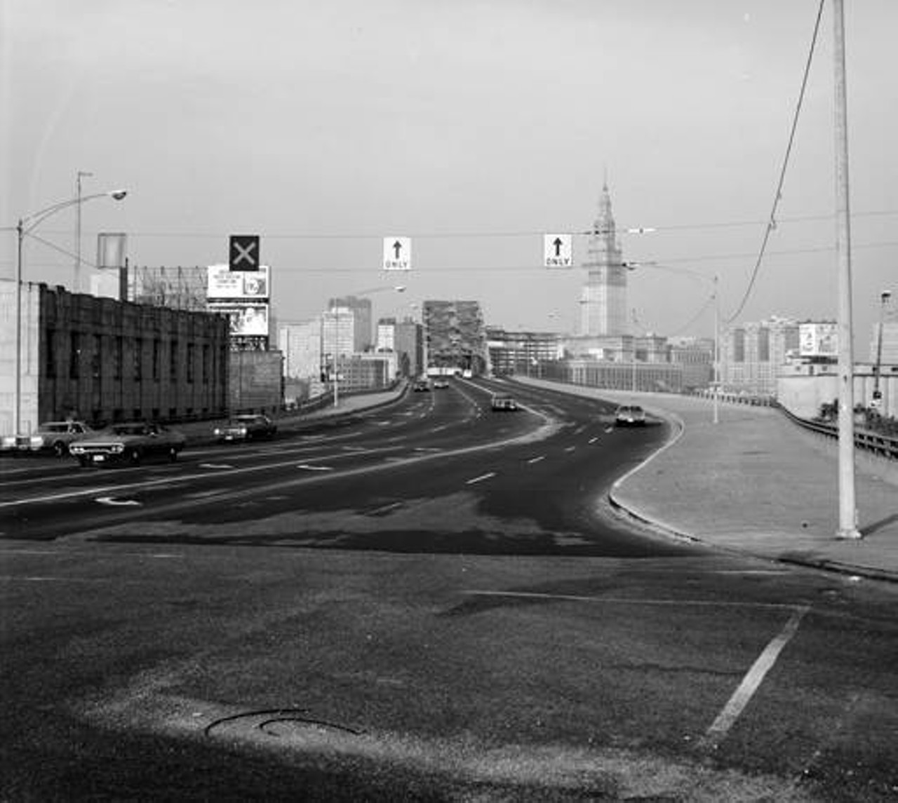 View of the Detroit-Superior Bridge taken from the intersection of W. 25th and Detroit Avenue, 1978.