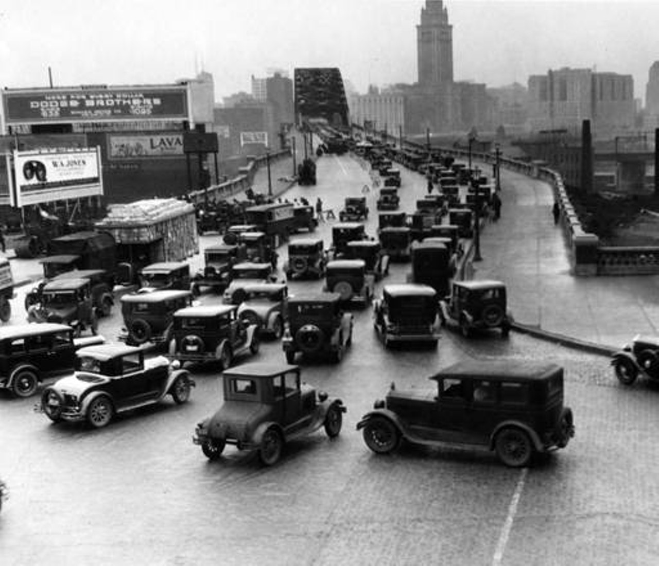 Heavy traffic on the Detroit-Superior Bridge at the corner of Detroit Avenue and West 25th, 1930.