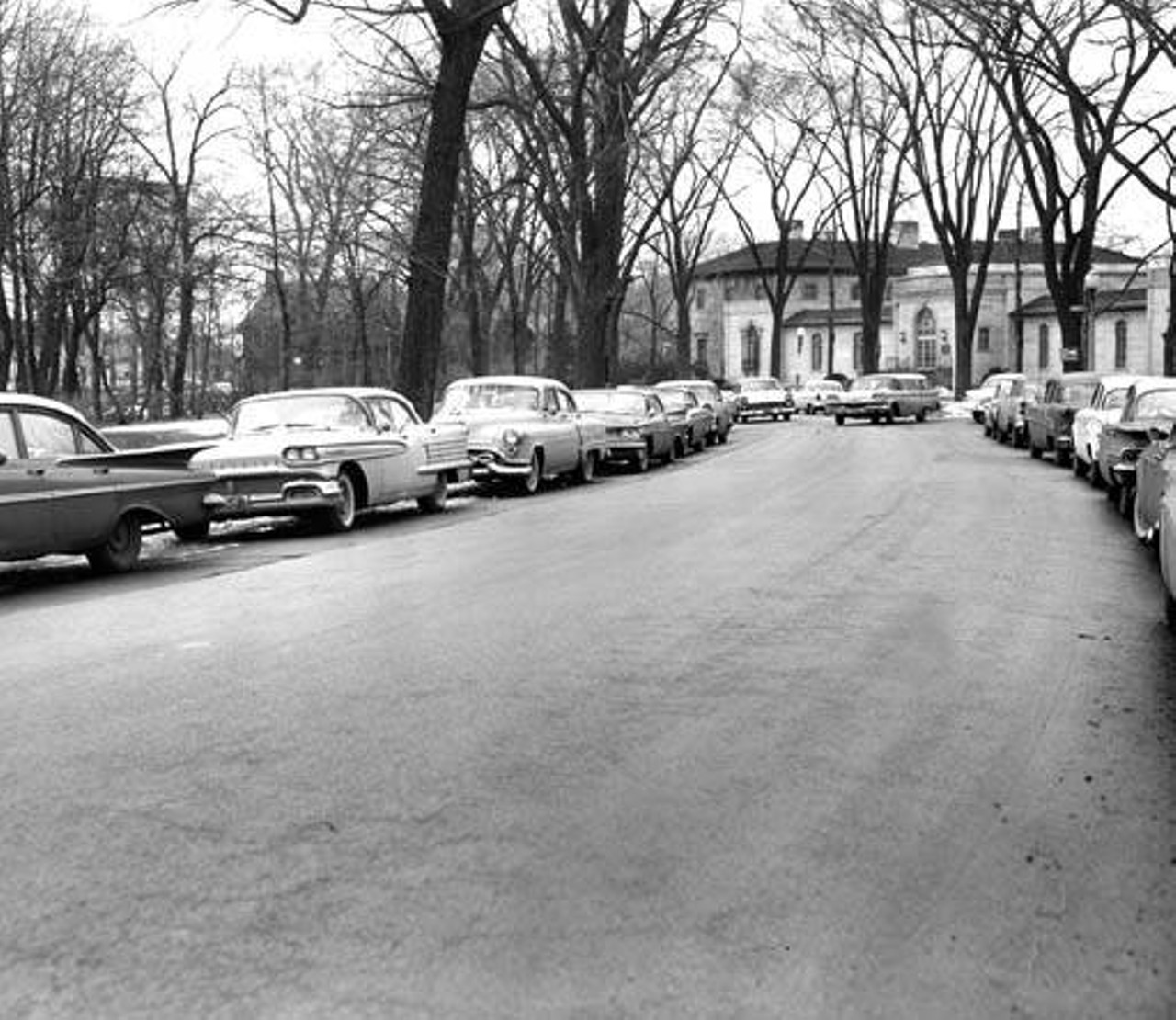 Cars parked in front of the Institute of Music on East Boulevard, 1962.