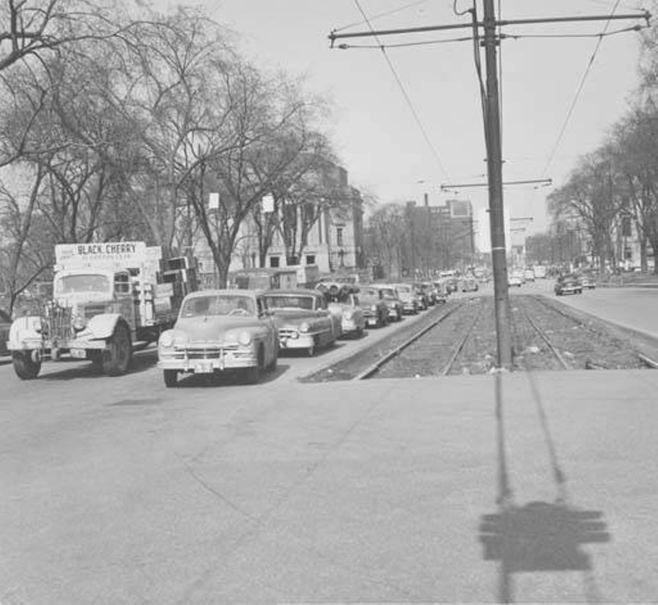 Traffic picks up near University Circle on Euclid Avenue, 1954.