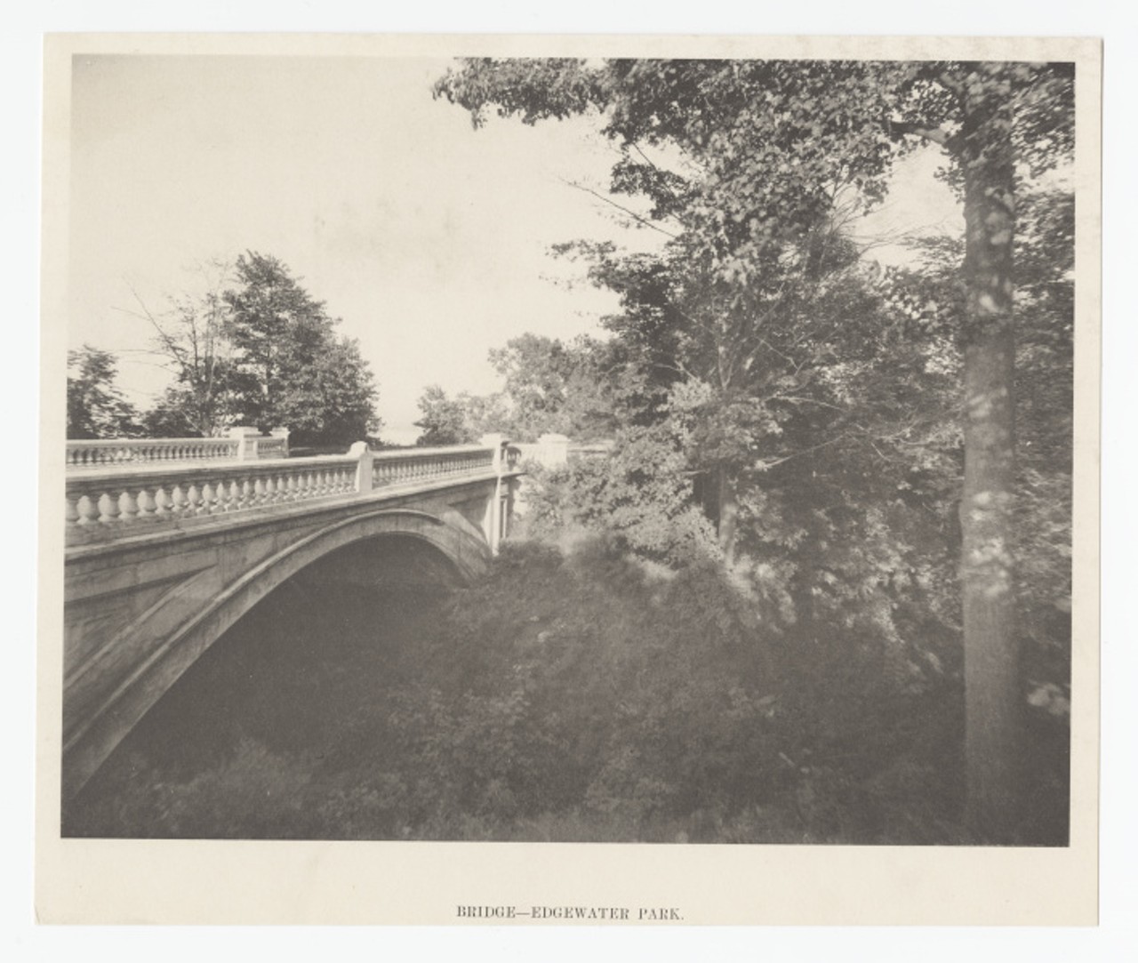 Side profile of a bridge over a ravine in Edgewater Park. This picture was published in "Art Work of Cleveland" (Chicago: Gravure Illustration Co., 1911), leaf 6.