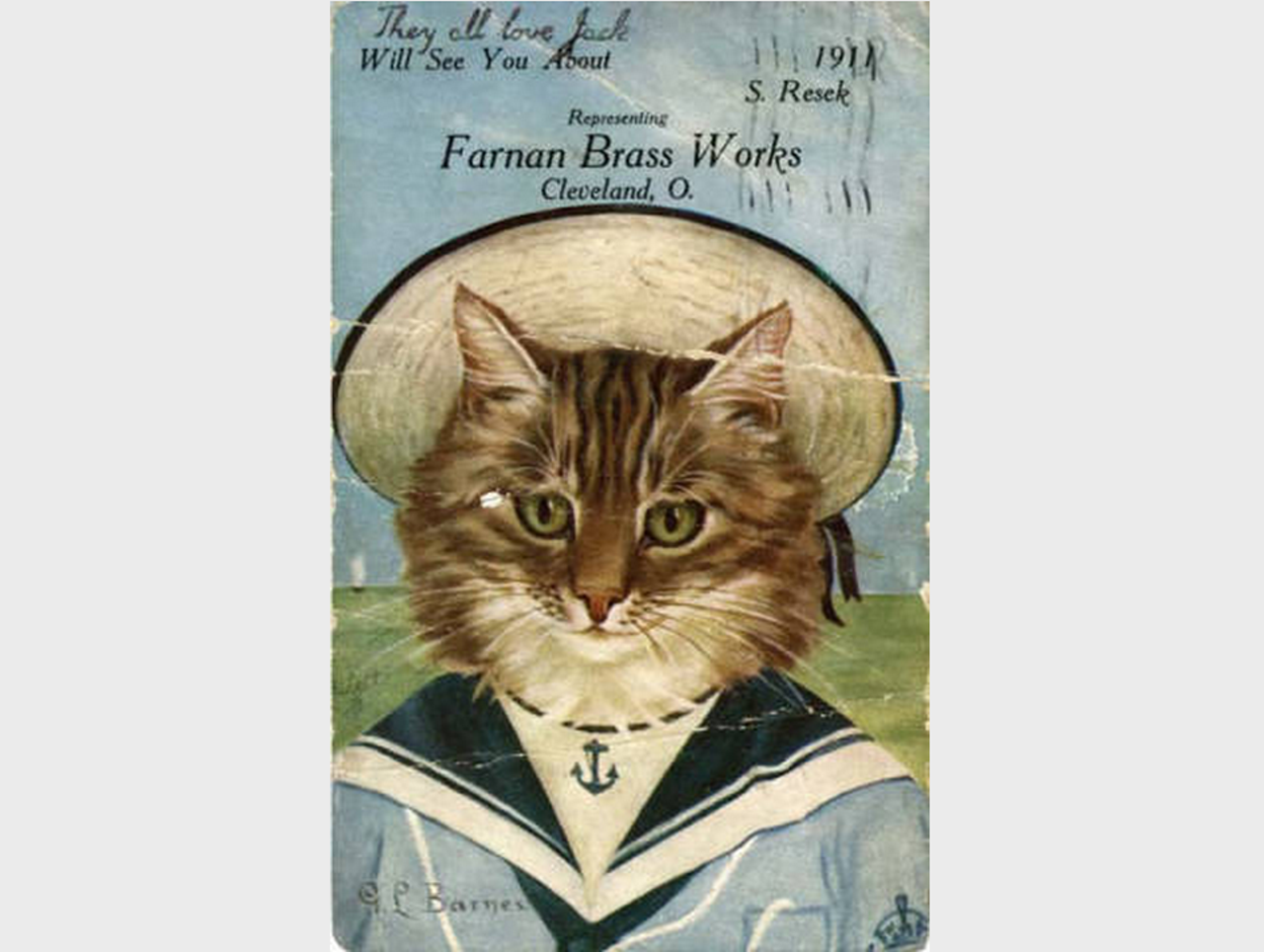 A cat in a sailor suit promoting Cleveland's Farnan Brass Works.