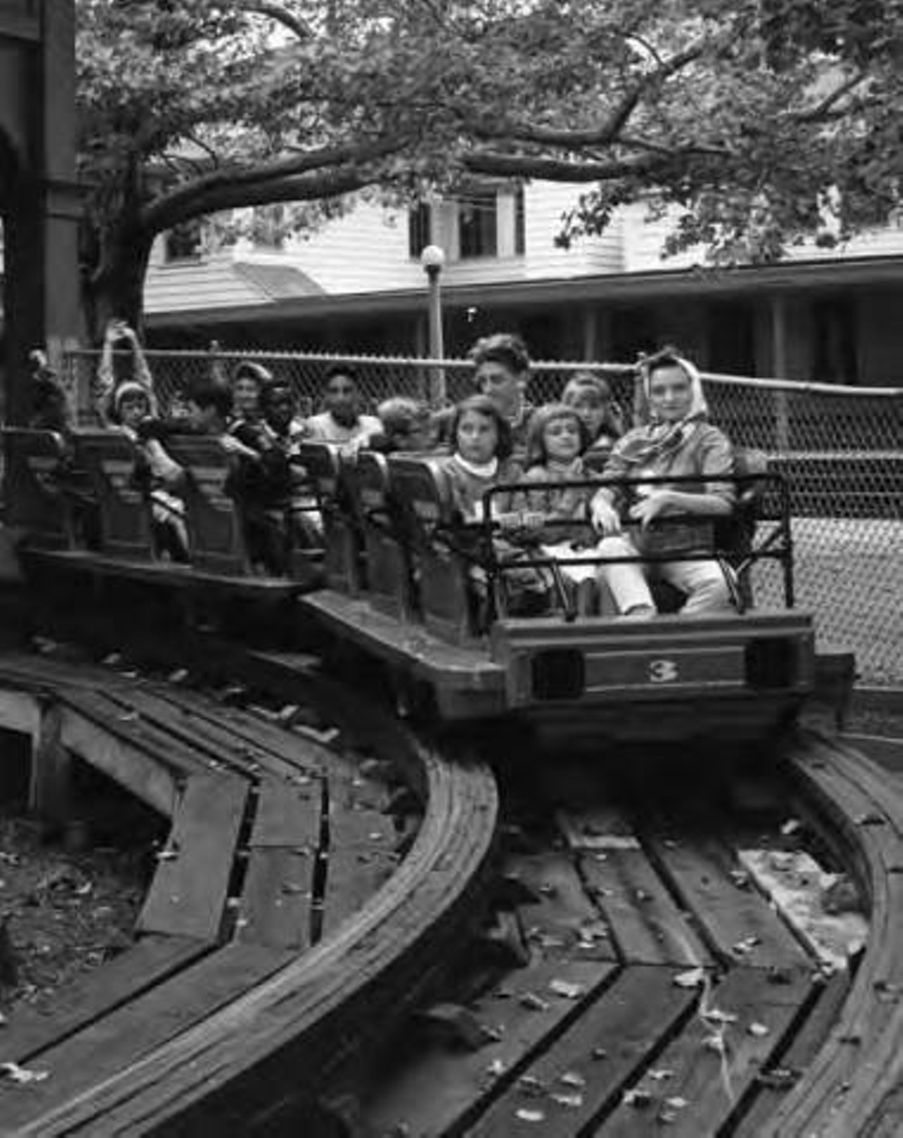 Green Thumb Club members on the kiddie roller coaster at Euclid Beach Park, August, 1964