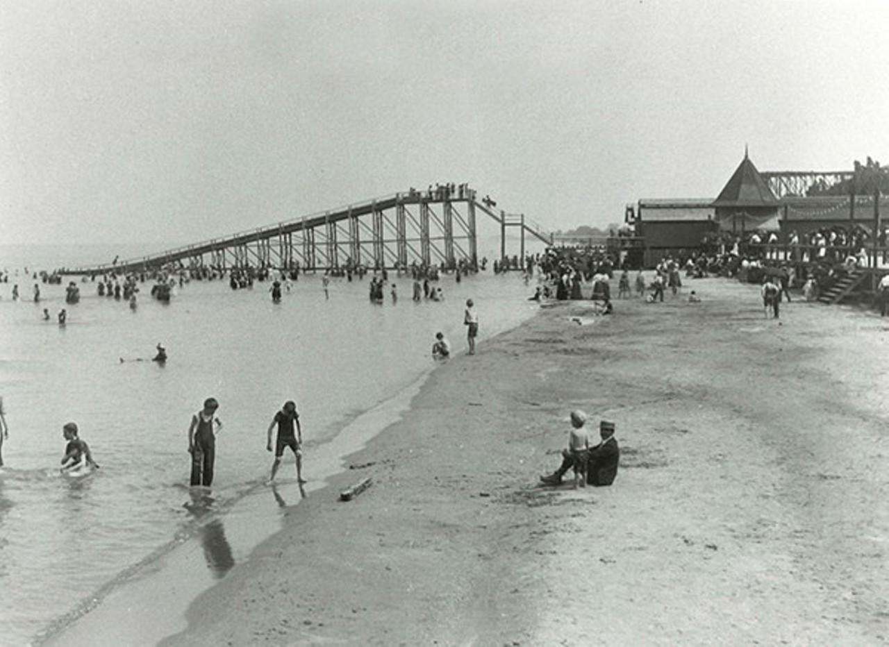 Bathers hang out on Cedar Point Beach (Photo via Cleveland Memory Project + Cleveland Press)