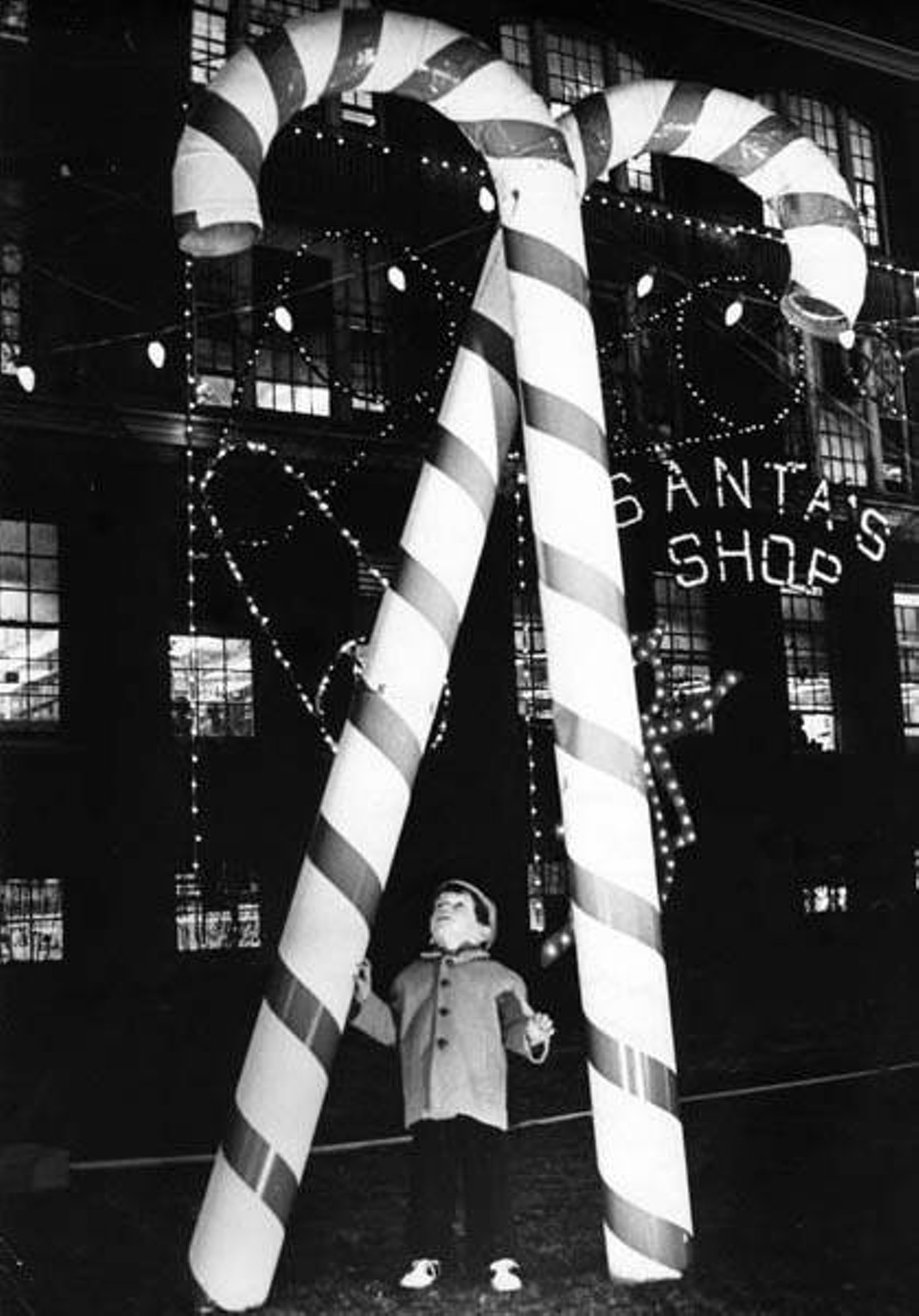 Giant candy canes at Nela Park, 1950s.