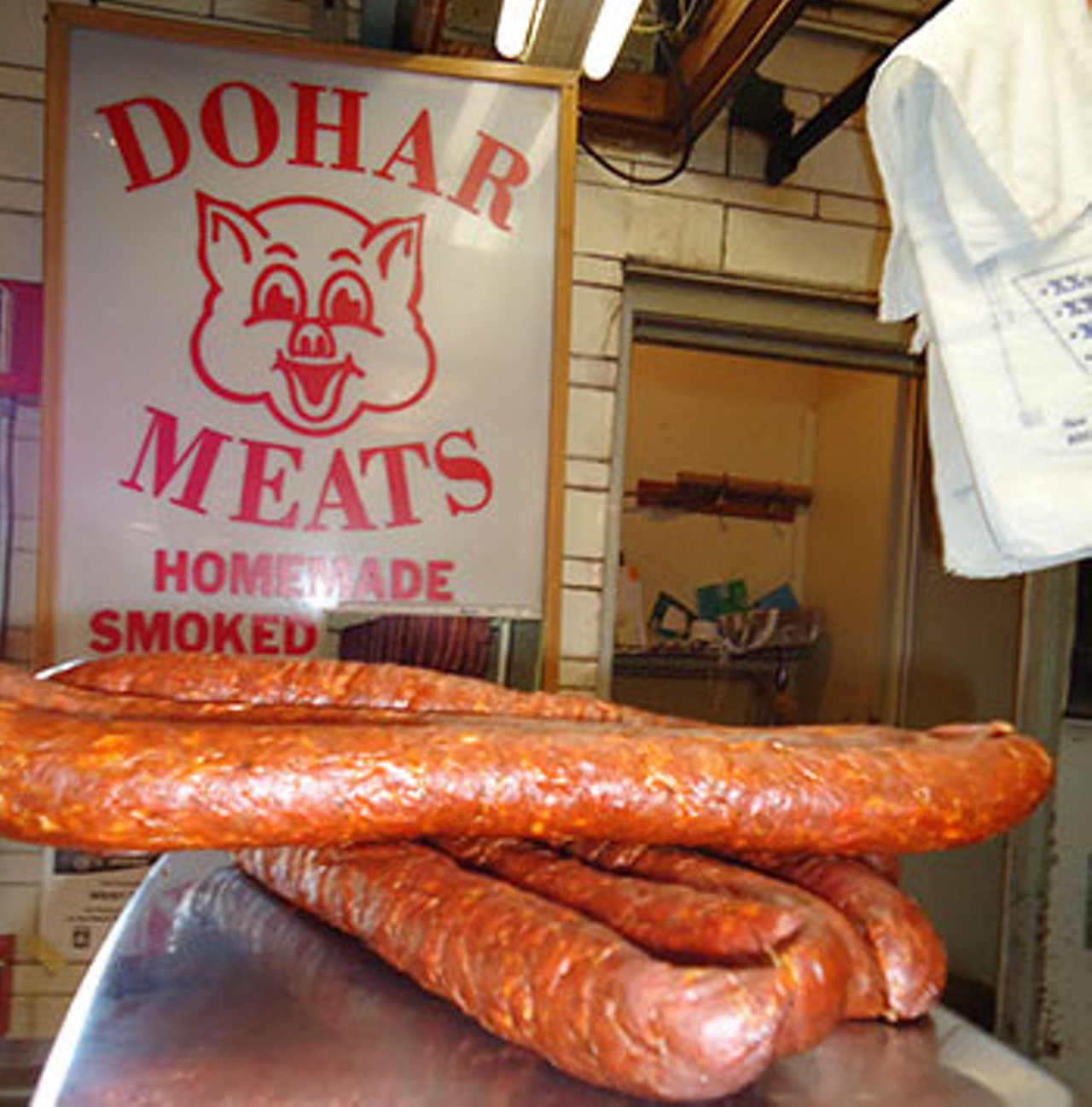  Dohar/Lovaszy Meats
1979 West 25th St., Cleveland 
One of the oldest stands in the West Side Market, Dohar/Lovaszy Meats was founded by Emery Lovaszy in the late 1940s and Steve Dohar joined him in 1951. They started off by making house-cured and smoked natural meats, which they still sell today. Steve Dohar&#146;s daughter Angela and her husband Miklos took over the stand in 1987 and still run it today.
Photo via Westsidemarket.org