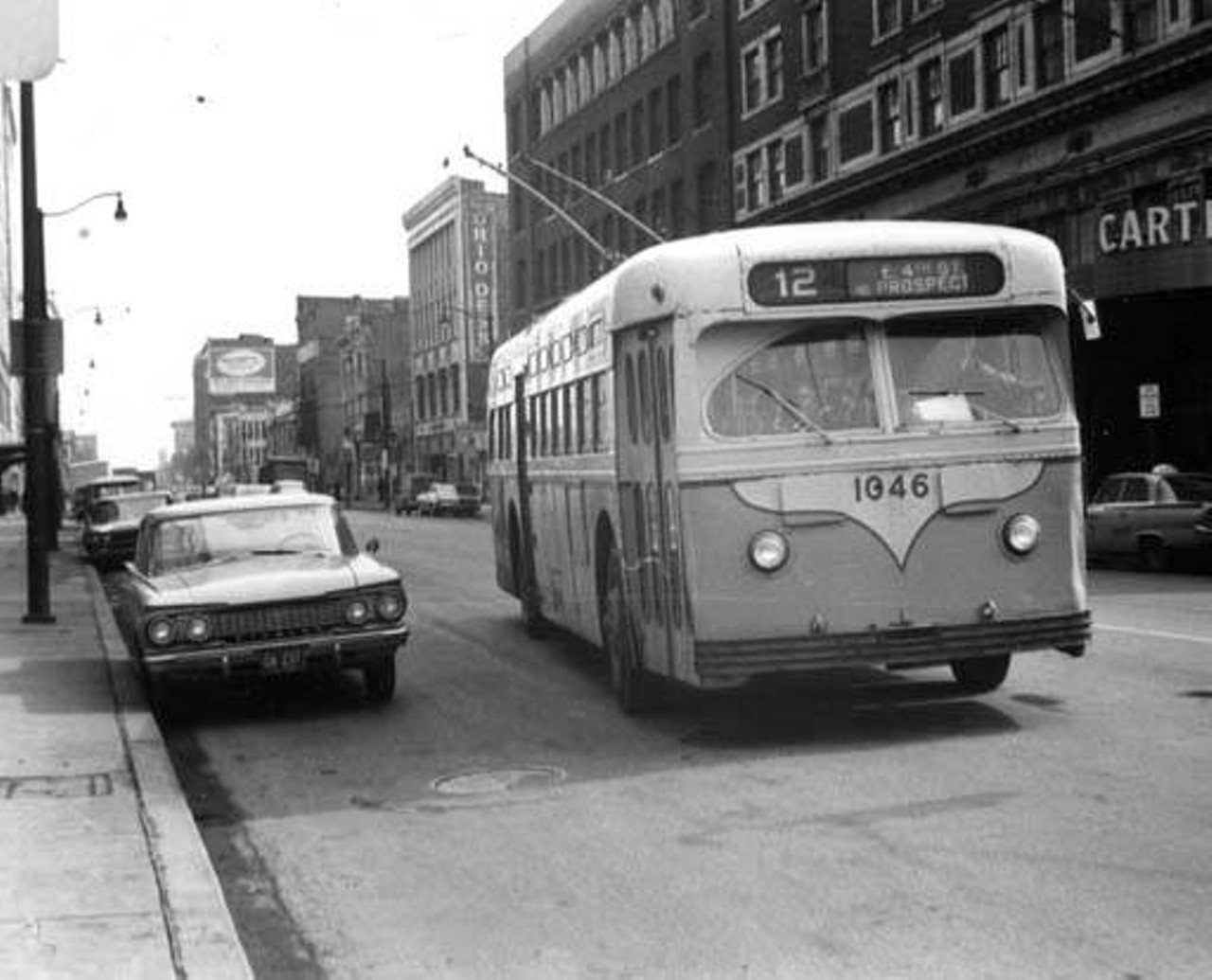 Cleveland Transit Trackless Trolley 1046 on Prospect Avenue in Cleveland, Ohio. Post Industrial 1930-1959