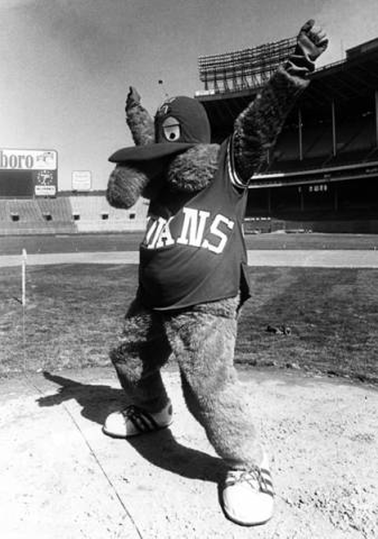 Cleveland Indians mascot, the Base Ball Bug, strikes a pose on the pitchers' mound at Cleveland Municipal Stadium--1981