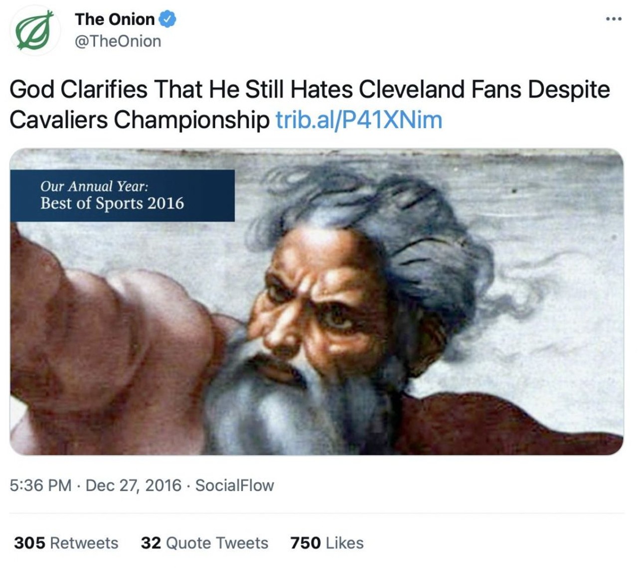  God Clarifies That He Still Hates Cleveland Fans Despite Cavaliers Championship
&#147;&#145;I just figured that enough is enough, so I decided to throw them a bone and finally give them a title, but believe me, I still can&#146;t stand Cleveland teams or their fans,&#148; said the Lord&#148;.