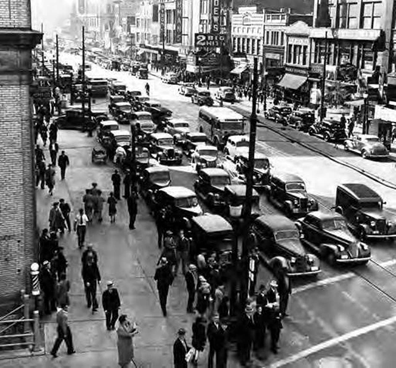 Traffic on Main Street in downtown Akron in 1941.
