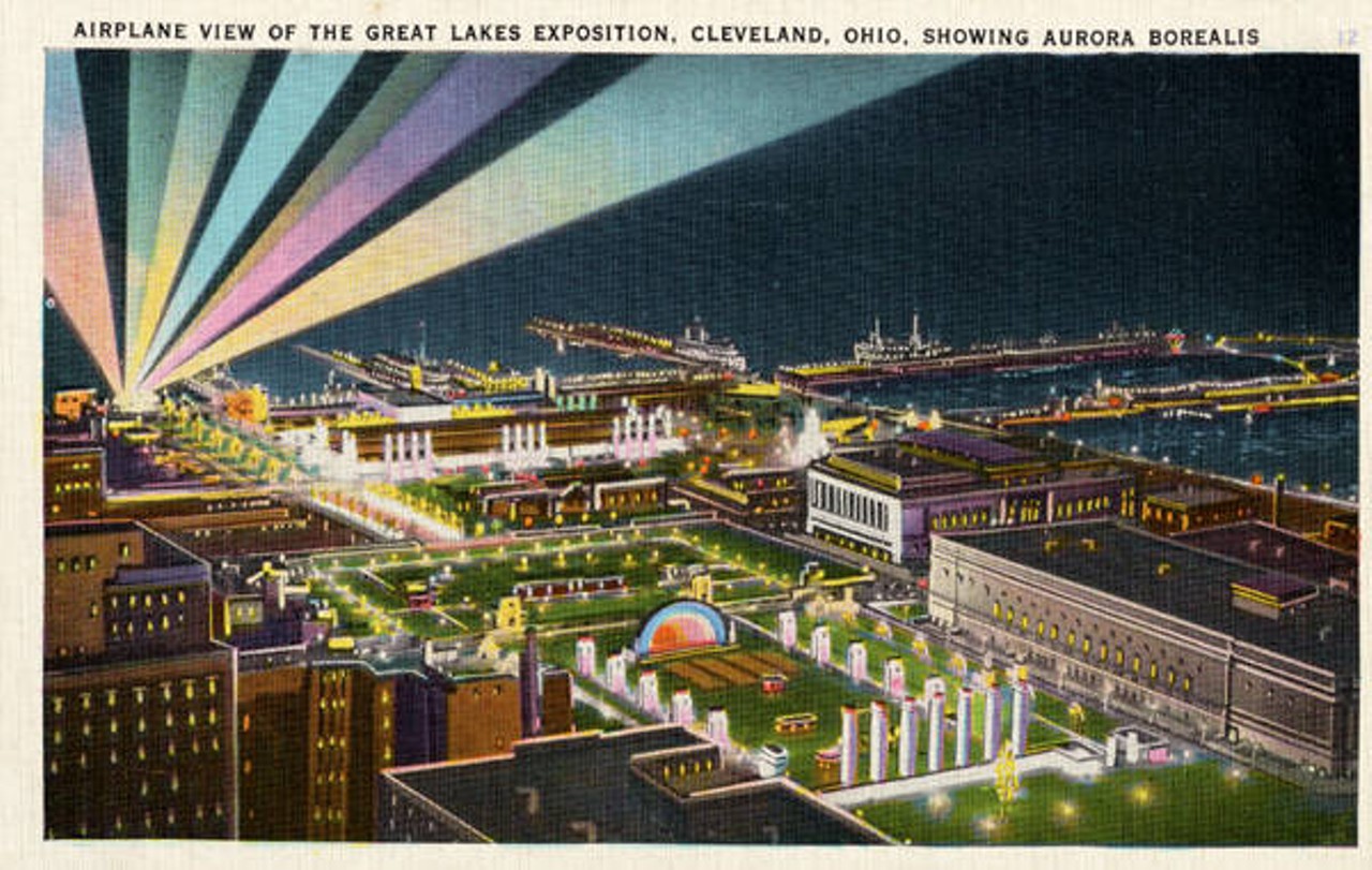 Airplane view of the Great Lakes Exposition, Cleveland, Ohio, showing Aurora Borealis