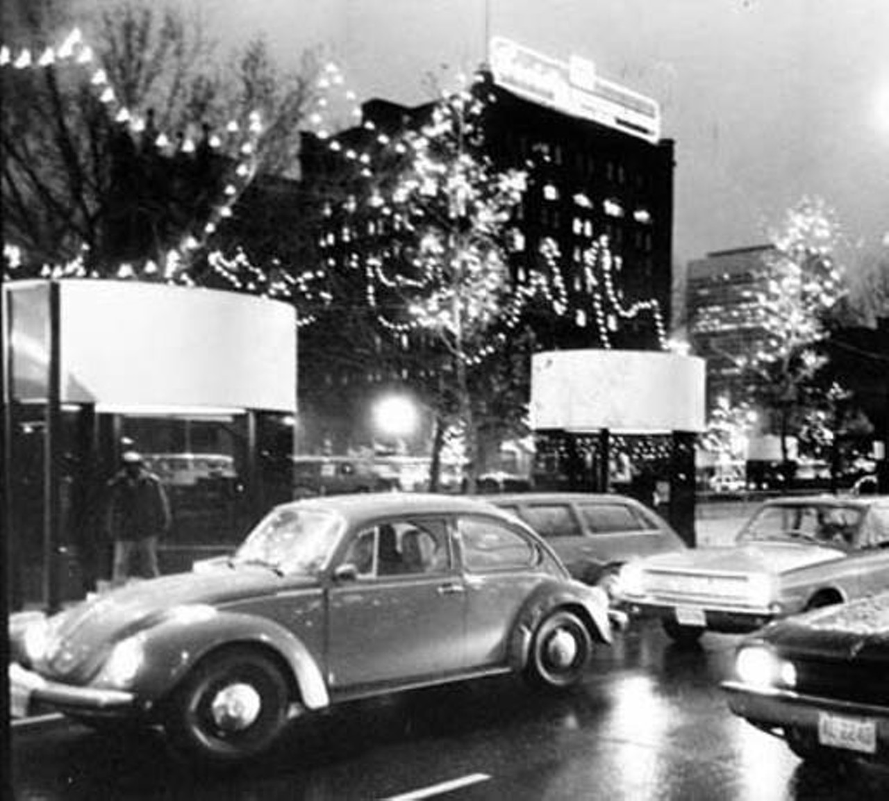 Cheery lights greet drivers in downtown Cleveland, 1980.