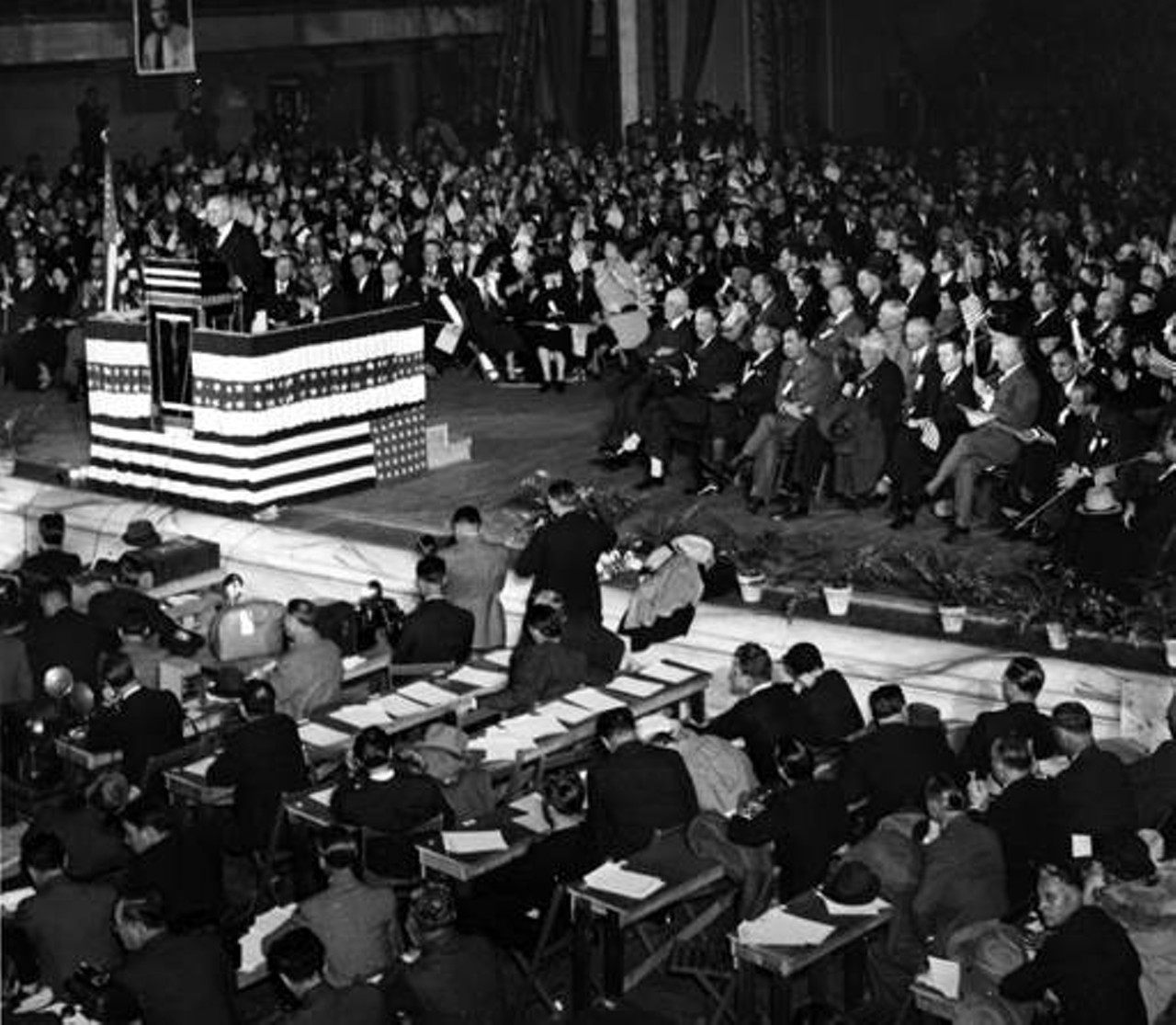 Gov. Landon on Public Hall Stage - Landon, governor of Kansas, was the Republican nominee for U.S. President in 1936. He was defeated by Franklin D. Roosevelt.