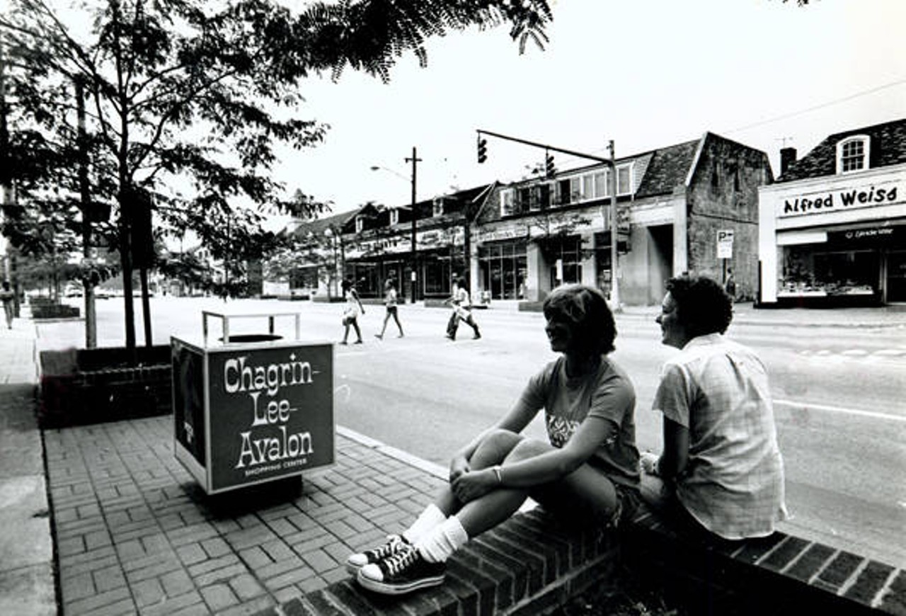 Amy Perttula and Jane Bell sit near the Chagrin-Lee-Avalon shopping area in Shaker Heights.