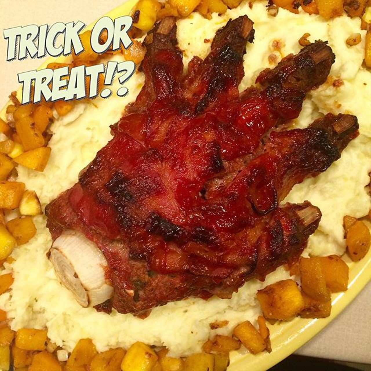 Muhahahahhaha HAPPY HALLOWEEN One of my favorite Halloween tricks is actually just a bacon wrapped meatloaf molded into a hand which is quite the treat!