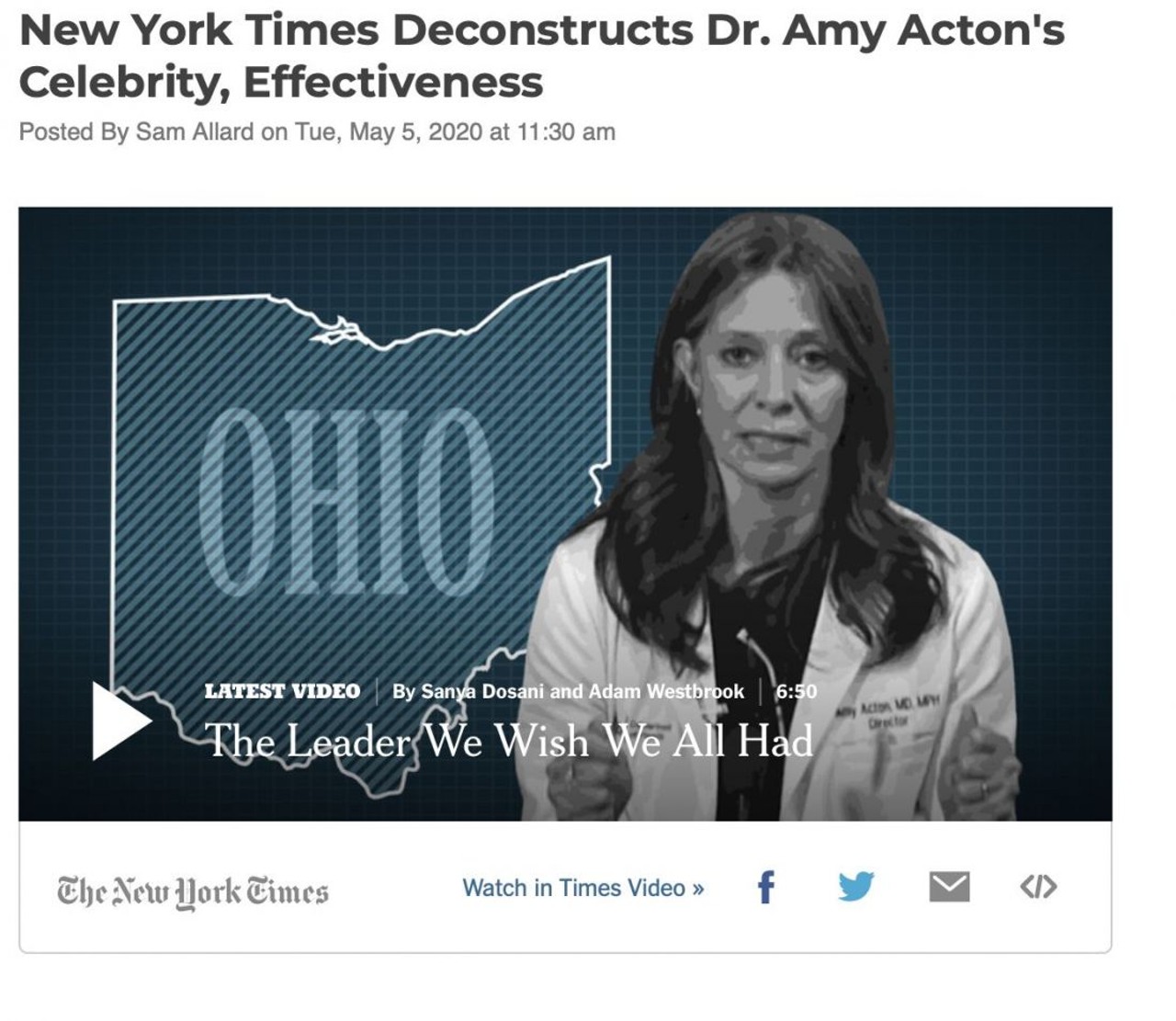  &#147;New York Times Deconstructs Dr. Amy Acton's Celebrity, Effectiveness&#148;
June 25th
&#147;While she is by no means the only factor, Acton's leadership and early aggressive recommendations, (and the generally receptive ears of Gov. Mike DeWine), has led to far fewer total deaths in Ohio than in other states with similarly sized population, including neighboring Michigan&#148;
Photo via Scene Archives