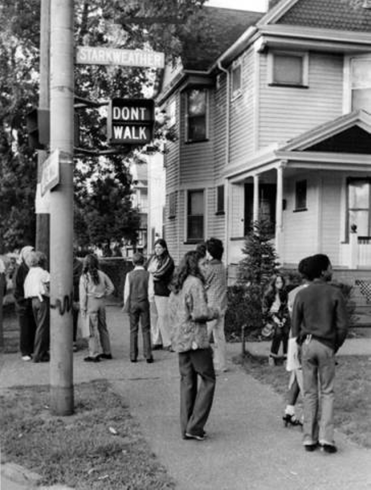 Students wait for buses on Starkweather Ave., Cleveland, Ohio in 1979