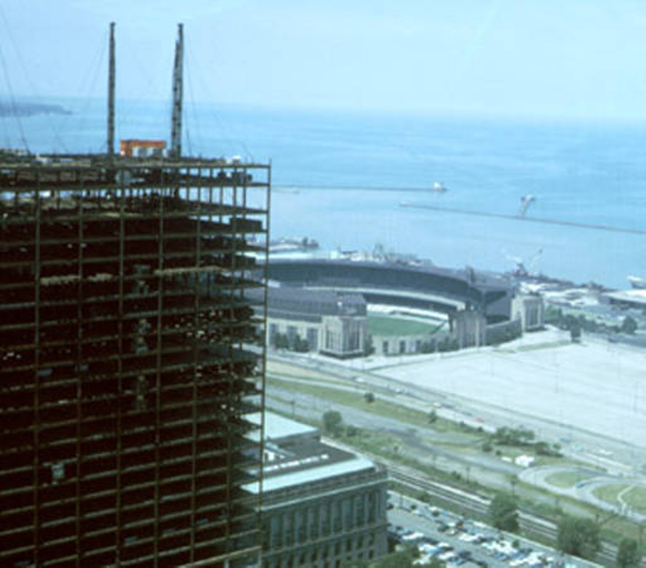 Cleveland Municipal Stadium, exterior Cityscape view. 1965