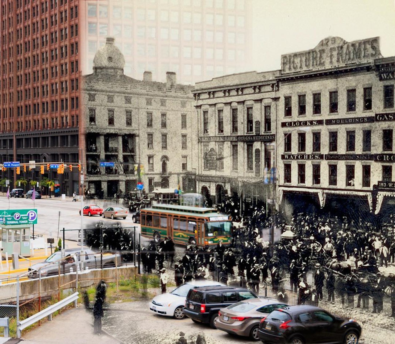 Cleveland, 1870/2016 - Superior Ave & Bank St (W. 6th). The Rockefeller Bldg now stands on the site of the former Weddell House hotel.