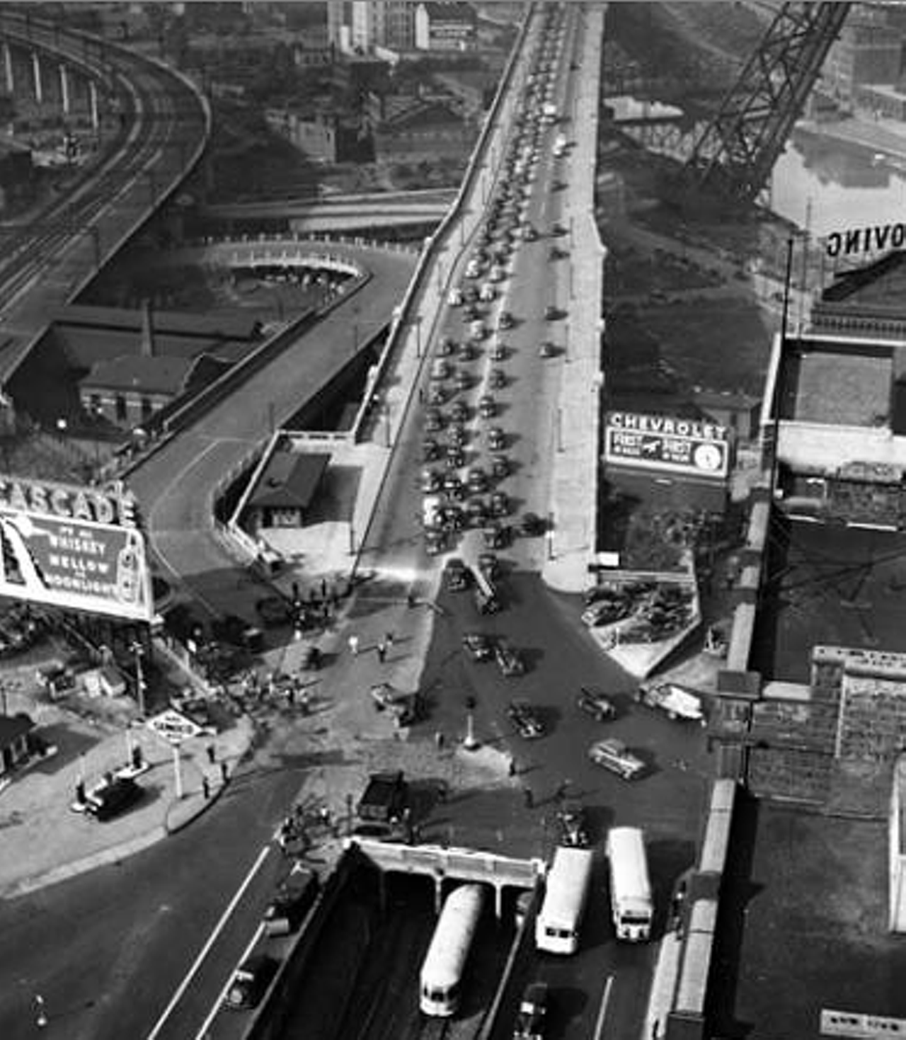 Aerial view of traffic being redirected on the Detroit-Superior Bridge, 1940.