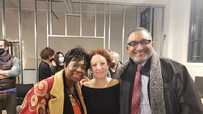Jeremy Johnson (right), President & CEO of Assembly for the Arts, poses with artist Mary Kay Thomas (left) and Stephanie Kluk