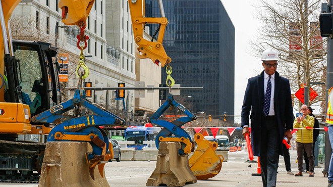Mayor Bibb oversaw the final end to Public Square's Jersey barriers, on Monday.