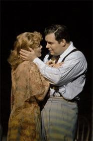 Blanche (Hollis Resnik) attracts a suitor (Lucas Caleb - Rooney) in the Play Houses A Streetcar Named - Desire.