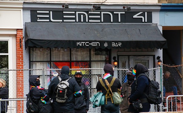 Counter-protestors outside Element 41 at a contentious drag brunch in Chardon last April. Tension between the LGBTQ community and hate groups has become more apparent in recent years.