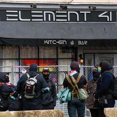 Counter-protestors outside Element 41 at a contentious drag brunch in Chardon last April. Tension between the LGBTQ community and hate groups has become more apparent in recent years.