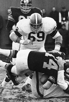 Cleveland Browns vs. Pittsburgh Steelers- 1965

"Browns defensive lineman Bill Glass (#80) takes down Pittsburgh Steelers quarterback Bill Nelsen (#14). Coming in on the play are Browns Jim Kanicki (#69) and Steelers Bob Nichols (#65). Bill Nelsen would later be traded to the Browns, where he played from 1968-1972."
